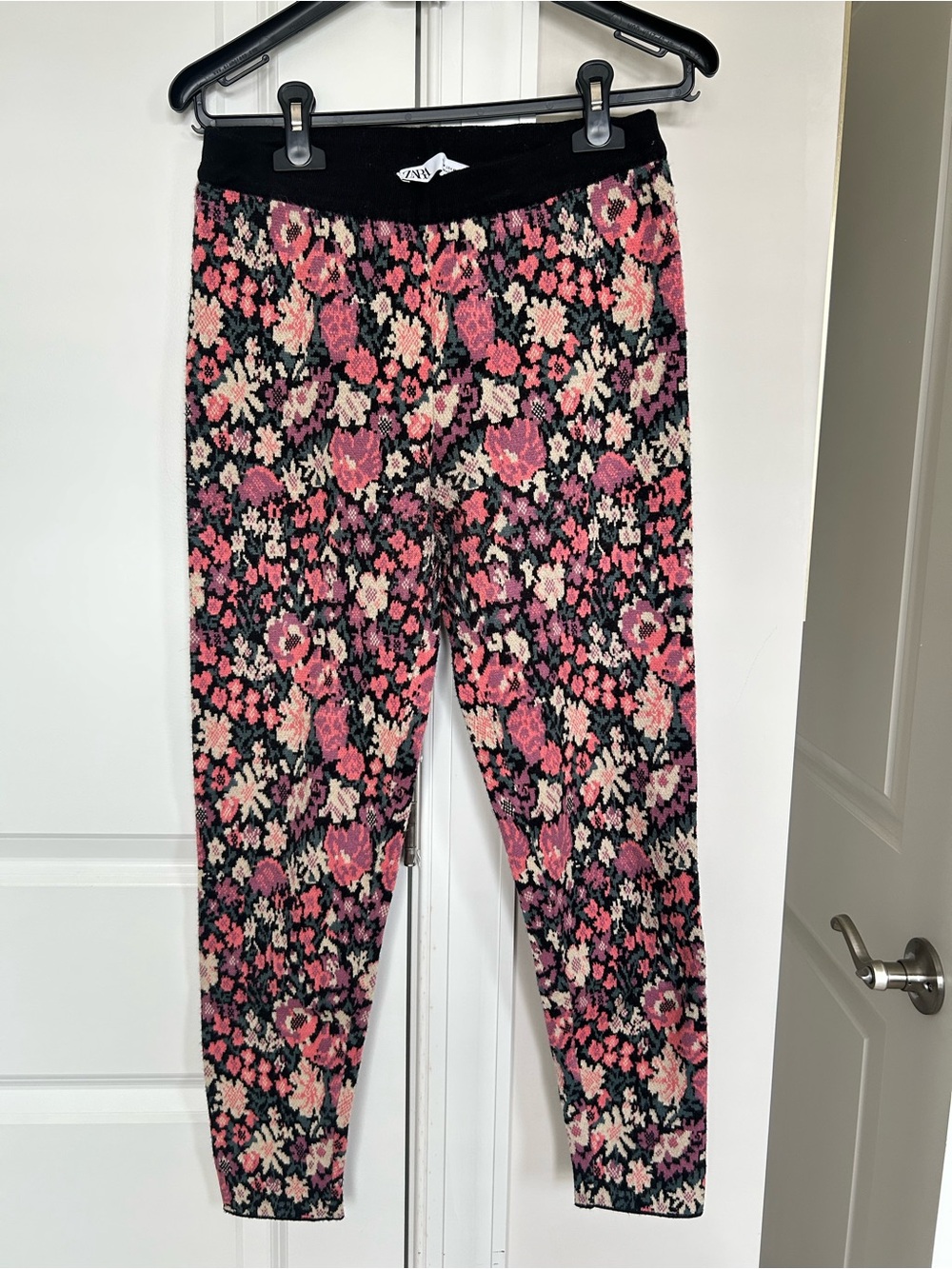Zara Black Leggings with Pink Floral Print